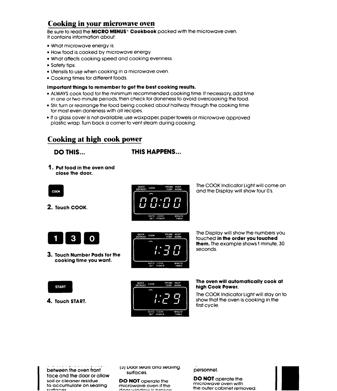 Whirlpool MW8650XS manual Cooking in your microwave oven, Cooking at high cook power 