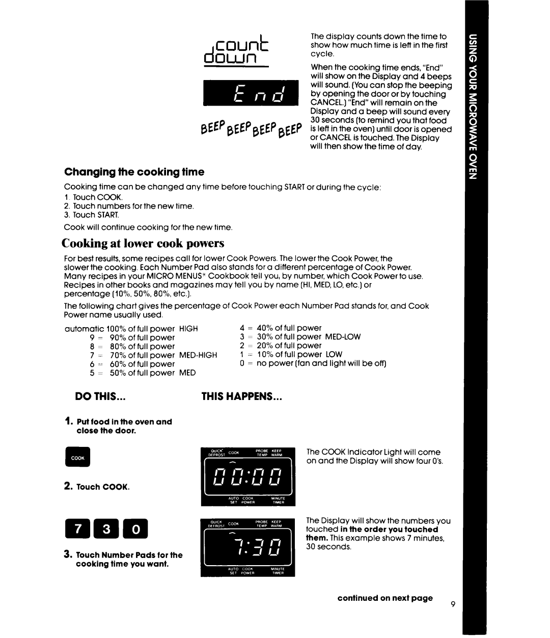 Whirlpool MW8650XS manual Cooking at lower cook powers, Changing the cooking time 