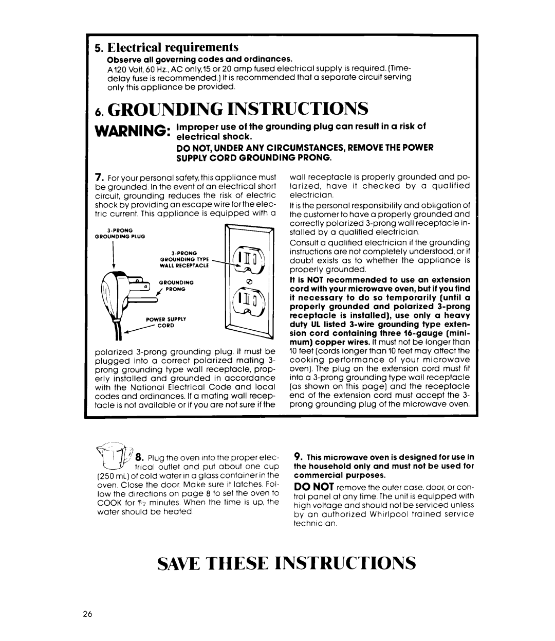 Whirlpool MW8700XR manual Grounding Instructions, Electrical requirements 