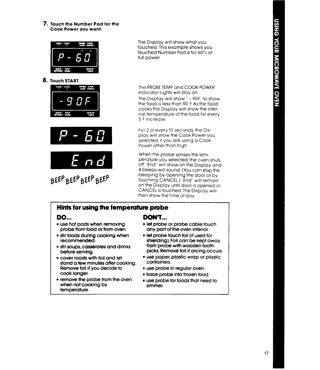 Whirlpool MW8700XR manual Hints for using the tempemtwe DO, probe DcyT 