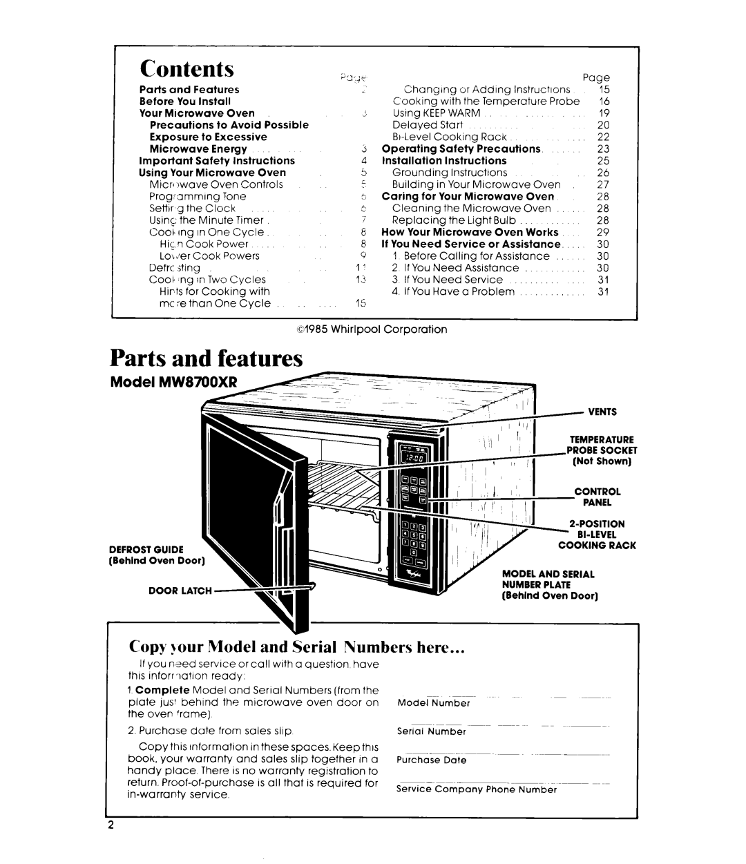 Whirlpool MW8700XR manual Contents?x,. c, Parts and features, Copy !our Model and Serial Numbers here, MW87OOXR 