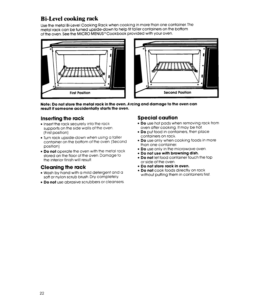 Whirlpool MW8700XR manual Bi-Levelcooking rack, Inserting the rack, Cleaning the tuck, Special caution 