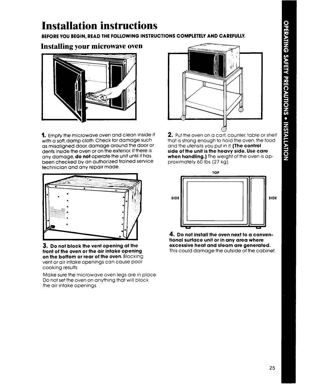 Whirlpool MW8700XR manual Installation instructions, Installing your microwave oven 