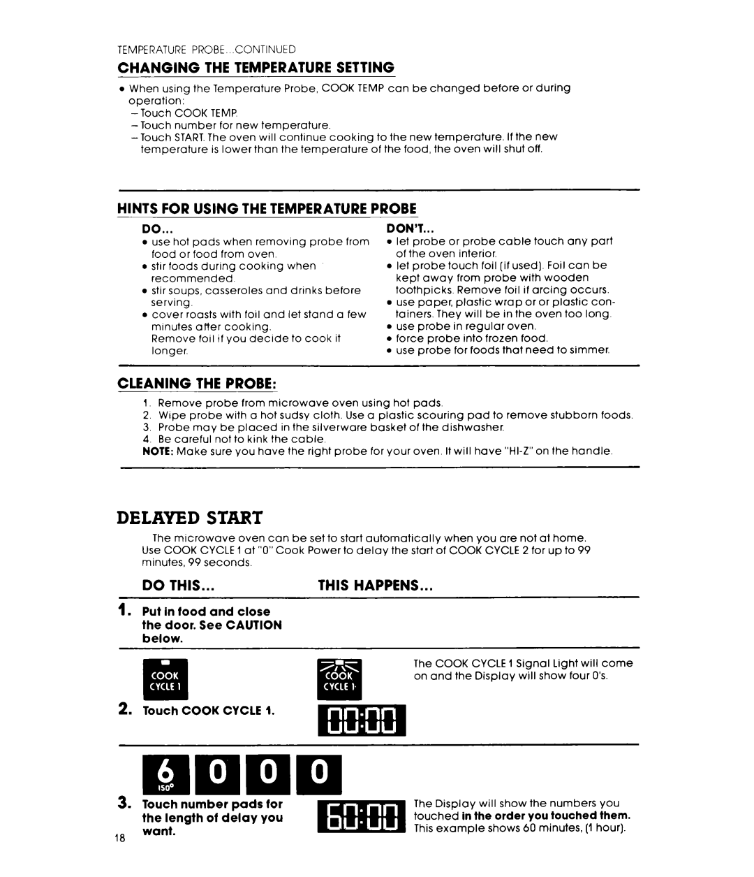 Whirlpool MW8750XL warranty Delayed Start, Changing the Temperature Setting, Hints for Using the Temperature Probe 