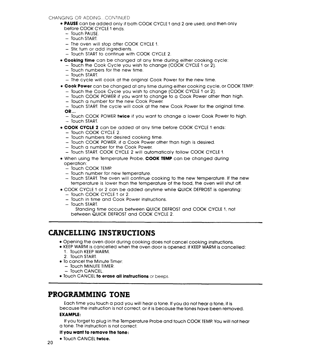 Whirlpool MW8750XL warranty Cancelling Instructions, Programming Tone, Changing or Adding, Cook Cycle, Example 