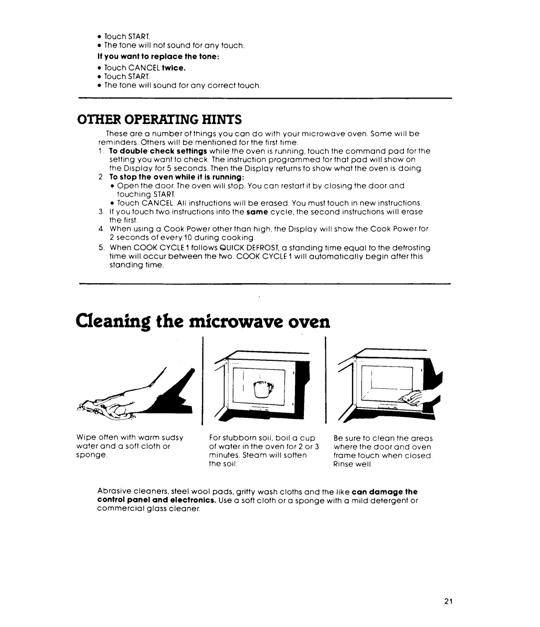 Whirlpool MW8750XL warranty Cleaning the microwave oven, Other Operating Hints 