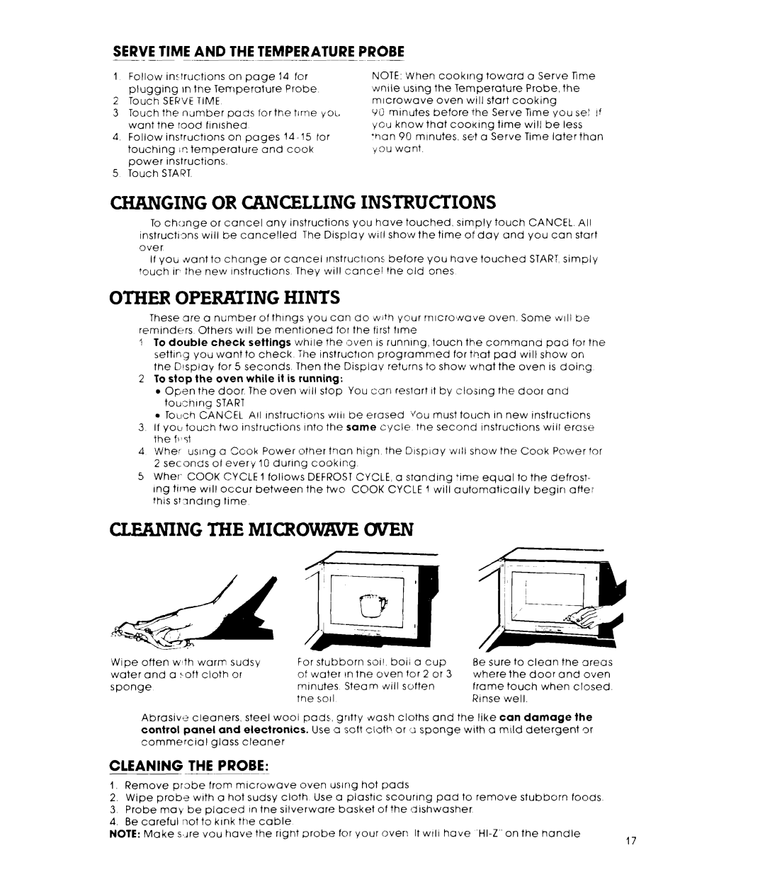 Whirlpool MW87OOXL manual Changing or Cancelling Instructions, Other OPERA’TING Hints, Clekning the Microwwe Oven 