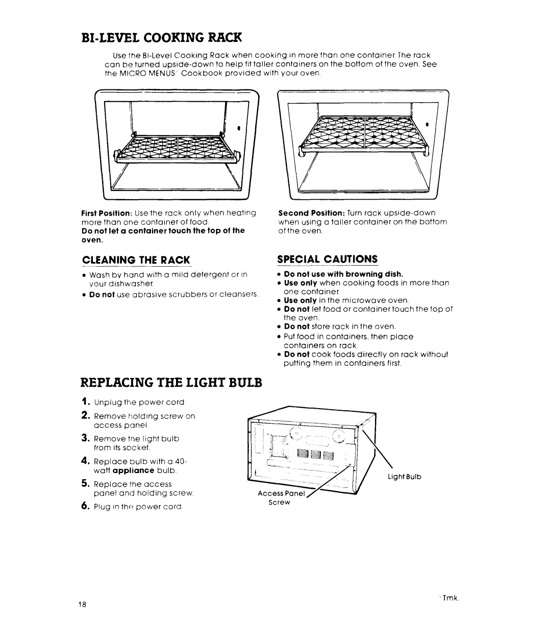 Whirlpool MW87OOXL manual Cleaning the Rack, Special Cautions 