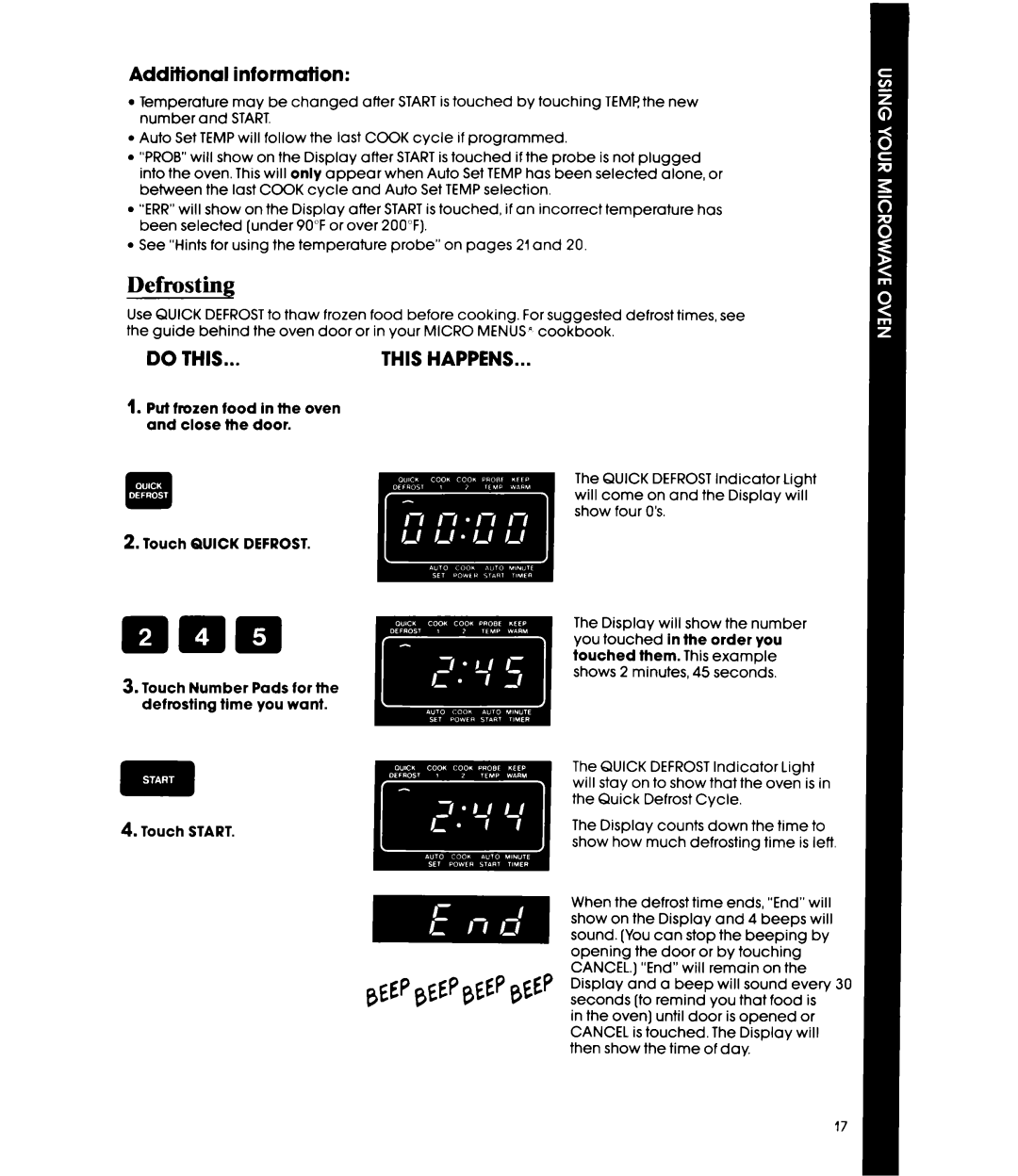 Whirlpool MW87OOXS manual Defrosting, Additional information, Put frozen food in the oven and close the door 