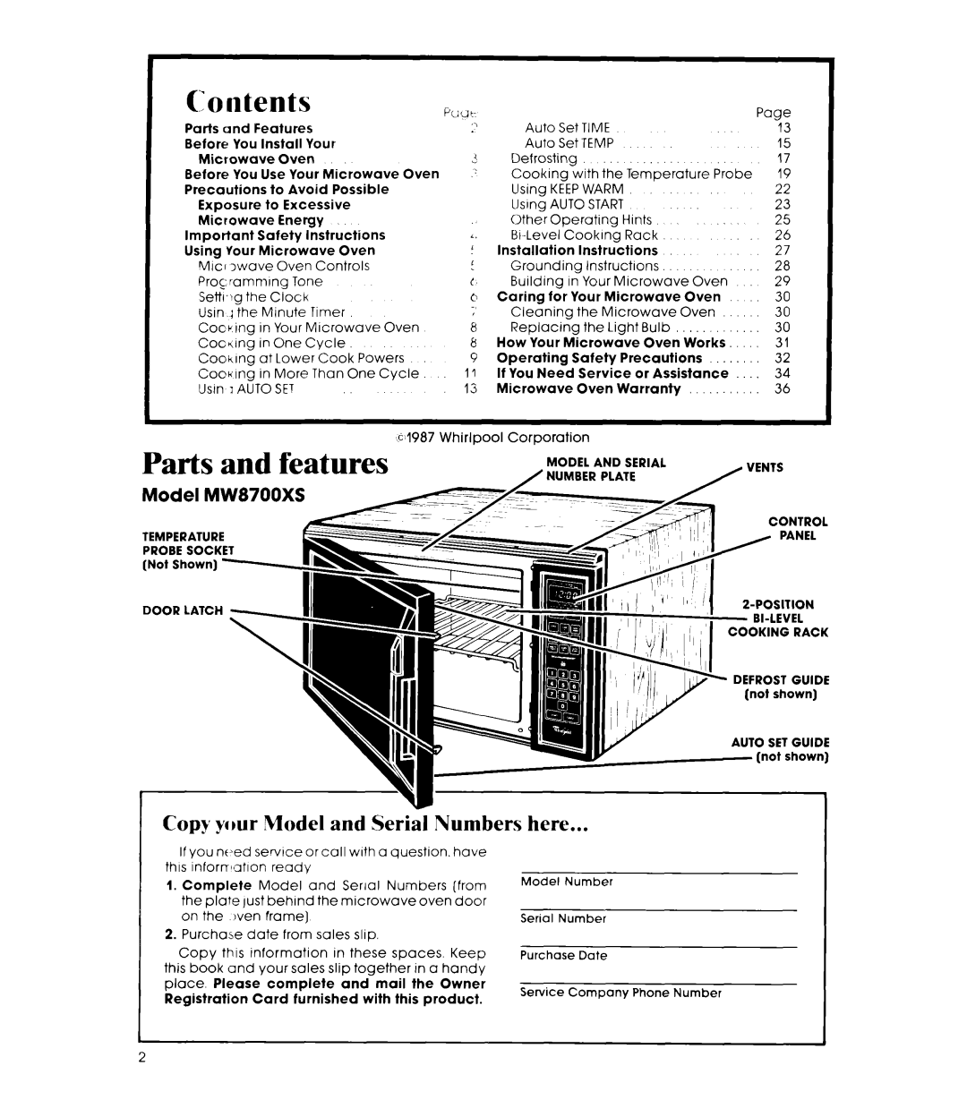 Whirlpool MW87OOXS manual Contents, Parts and features 