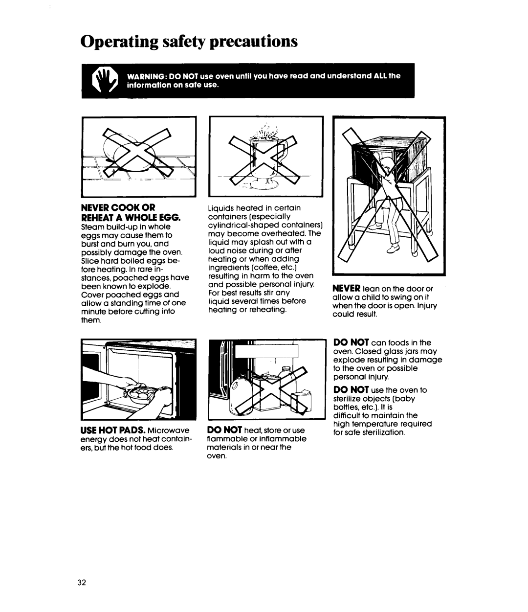 Whirlpool MW87OOXS manual Operating safety precautions, Never Cook or Reheat a Whole EGG 