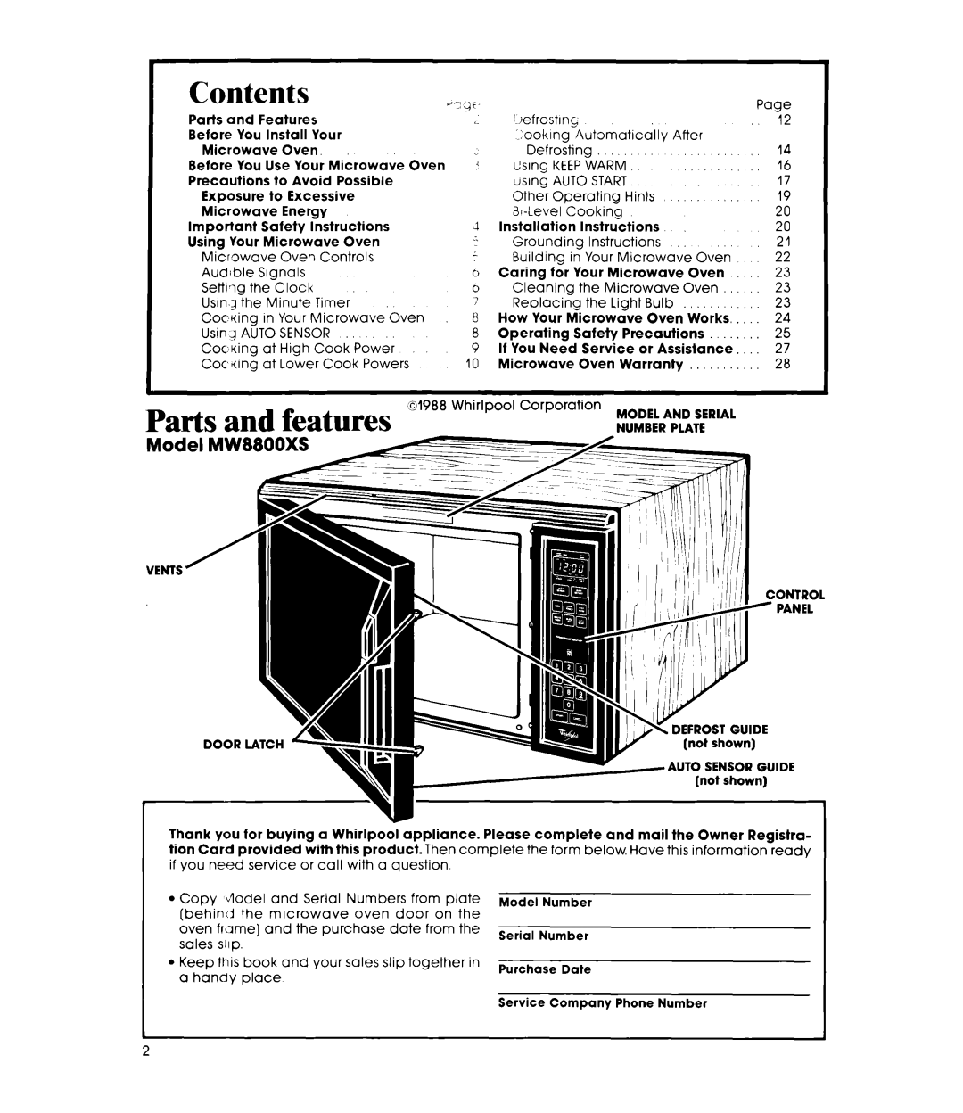Whirlpool MW8800XS manual Contents, Parts and features 