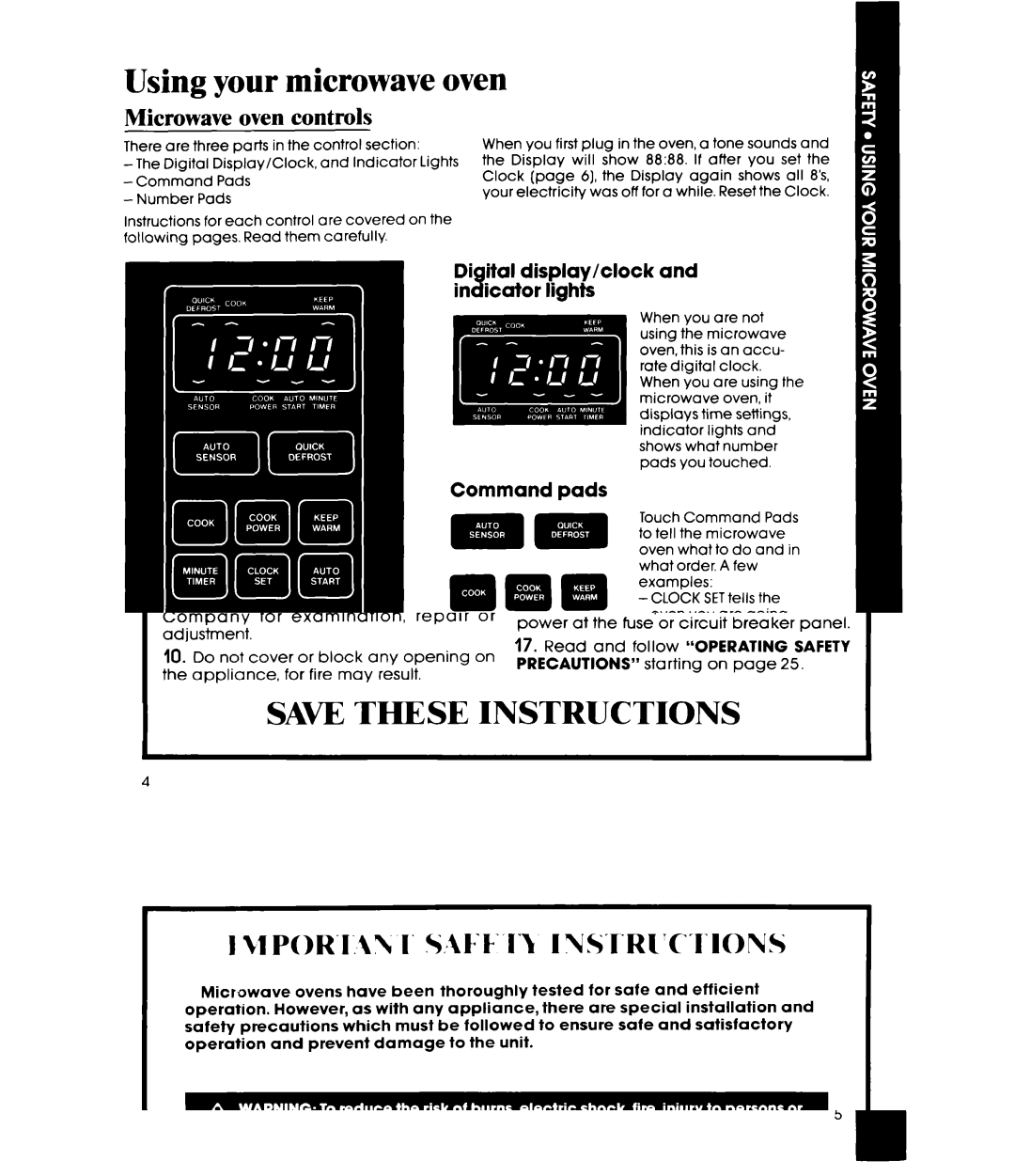 Whirlpool MW8800XS Using your microwave oven, Microwave oven controls, Diaital disPlav/clock In&ator fighis, Command pads 