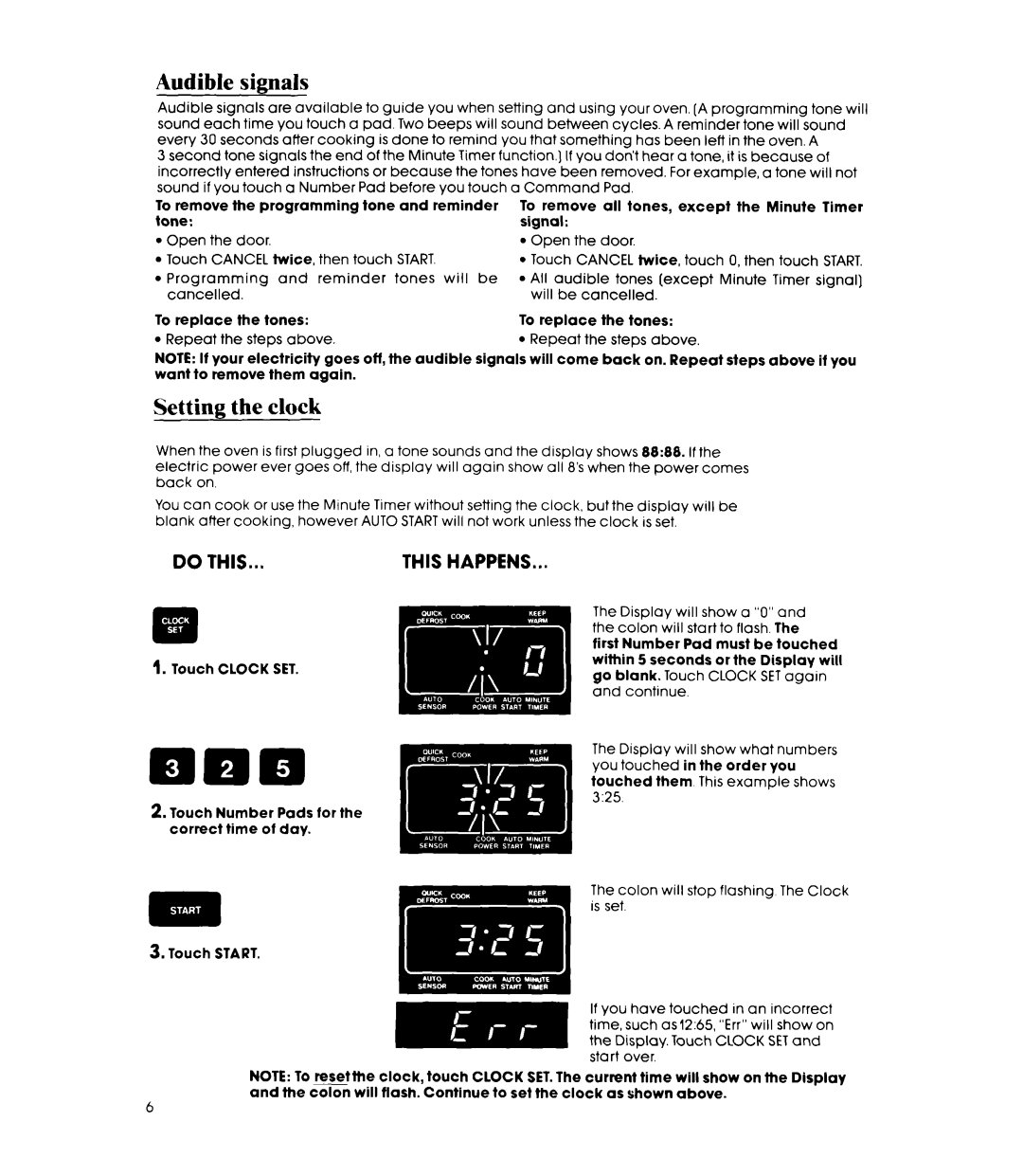 Whirlpool MW8800XS manual Audible signals, Setting the clock 