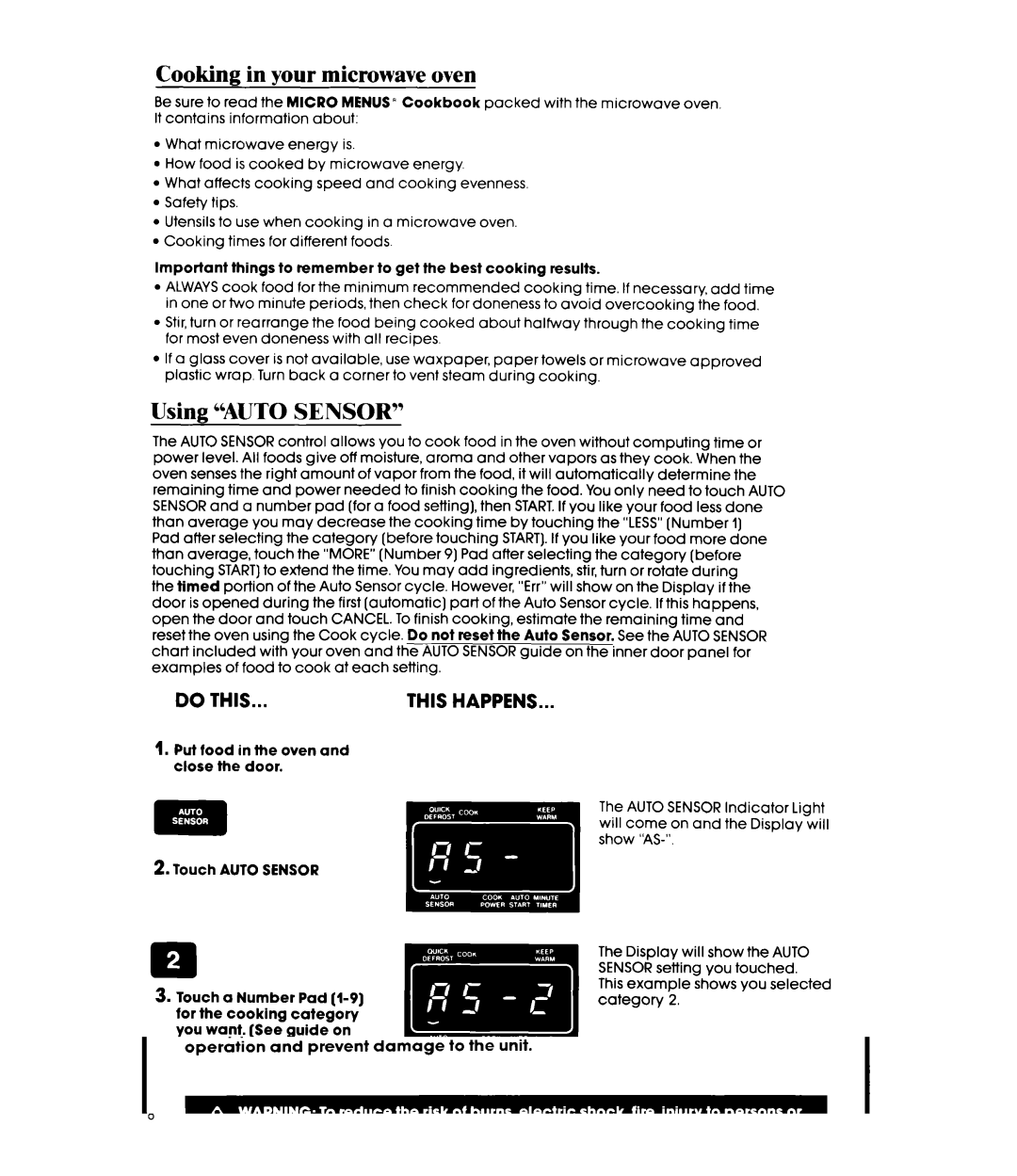 Whirlpool MW8800XS manual Cooking in your microwave oven, Using Auto Sensor 