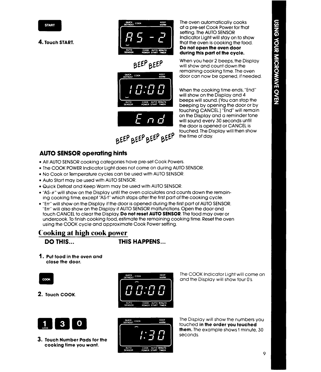 Whirlpool MW8800XS manual Cooking at high cook power, Auto Sensor operating hints 