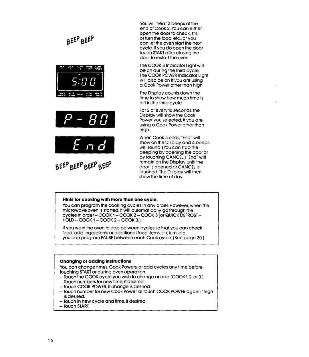 Whirlpool MW88OOXR manual Hlnts for cooking with more than one cycle, Changlng or addlng instructions 