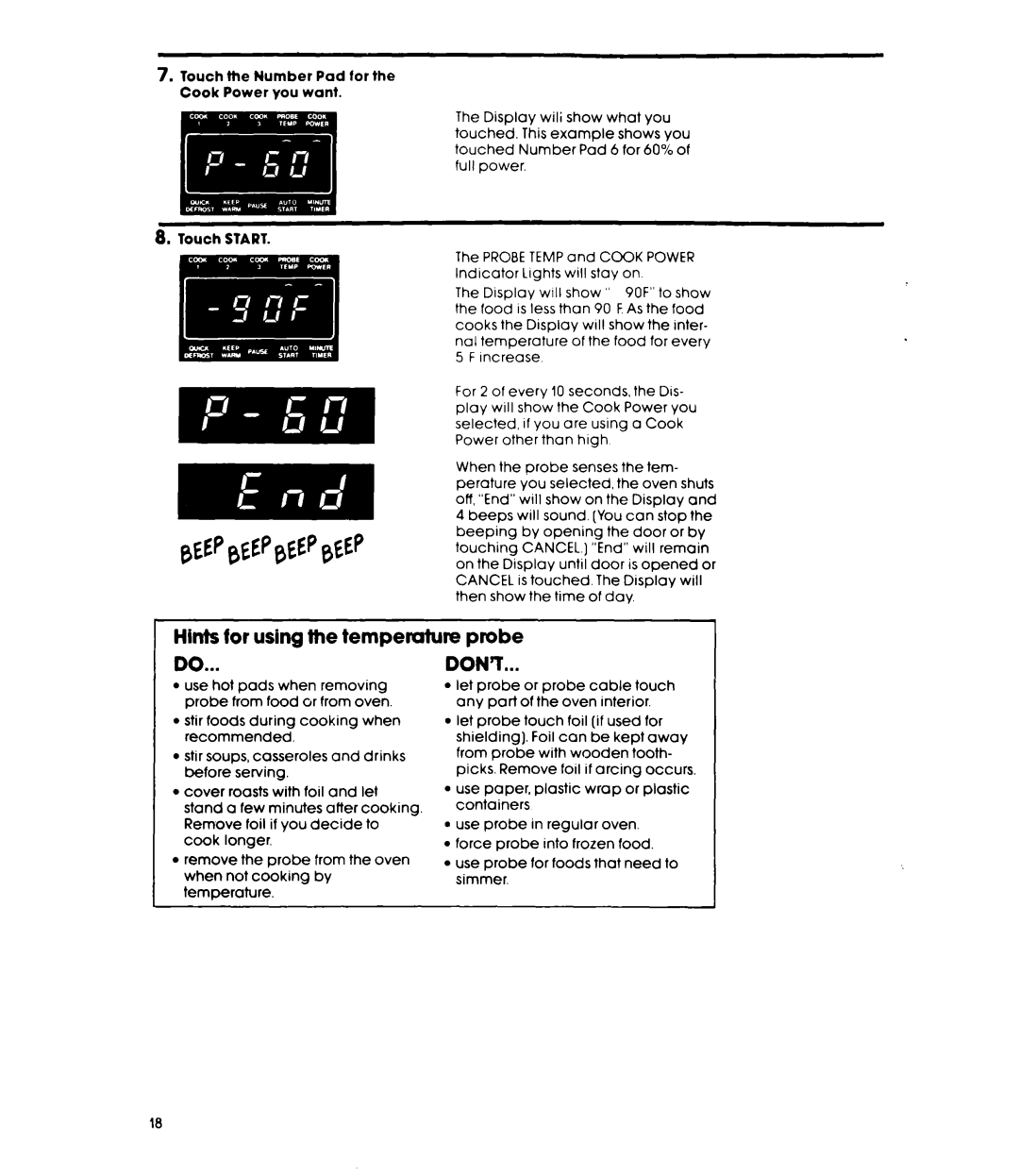 Whirlpool MW88OOXR manual Hints for using the tempemture DO, probe DON’T, a .I ... .a, Touch START 