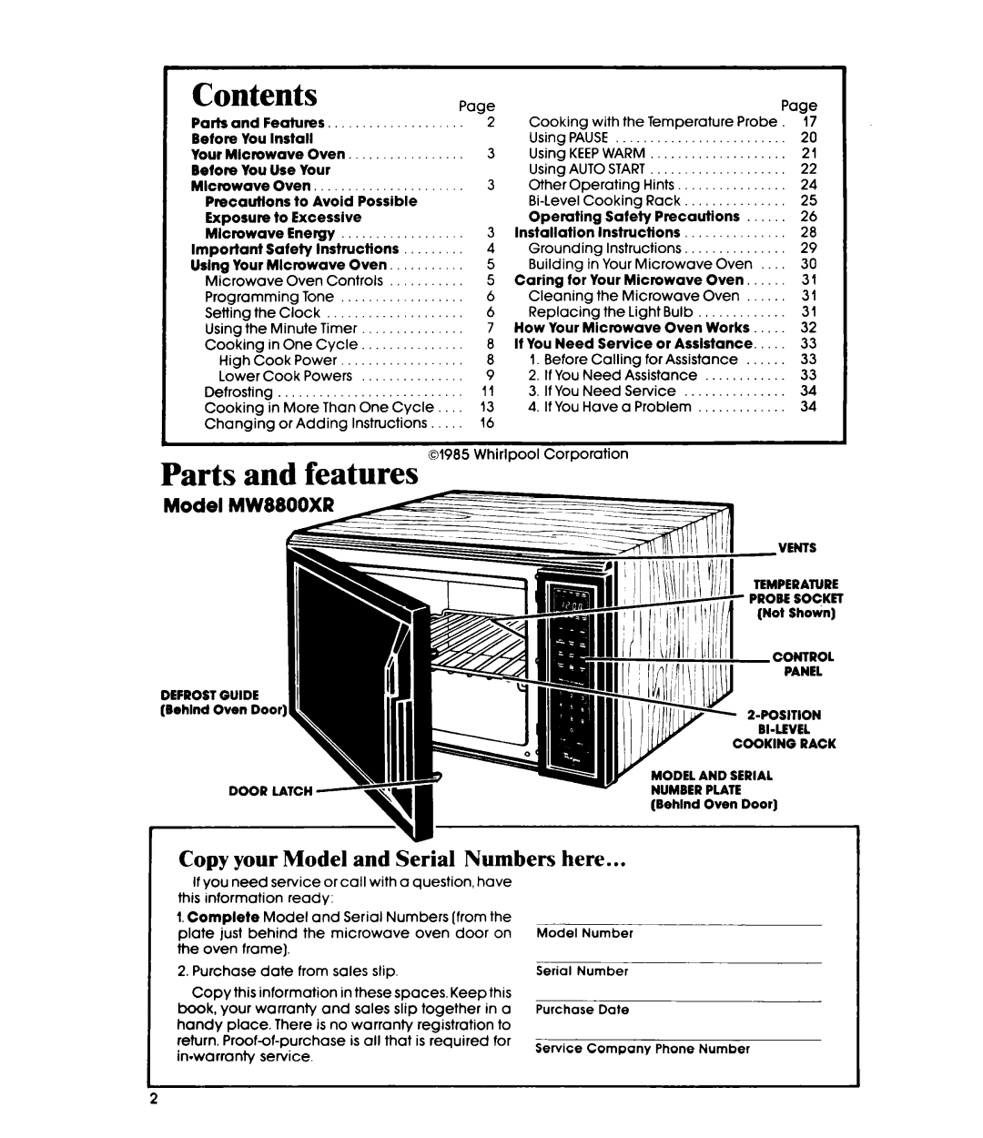 Whirlpool MW88OOXR manual Contents, Copy your Model and Serial Numbers here, Model MW8800XR 