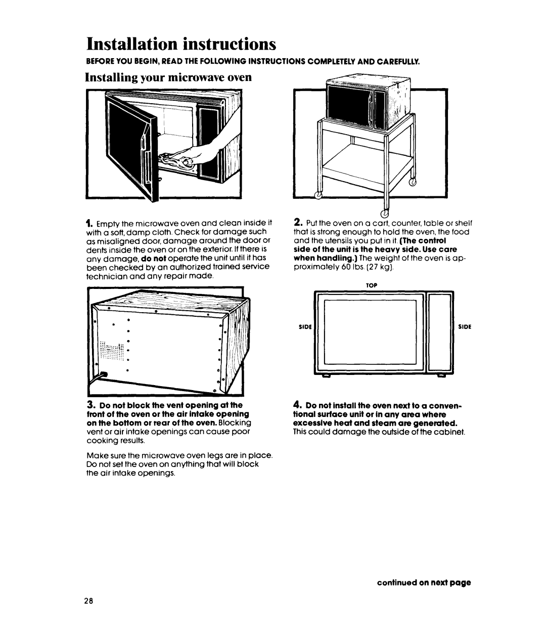 Whirlpool MW88OOXR manual Installation instructions, Installing your microwave oven 