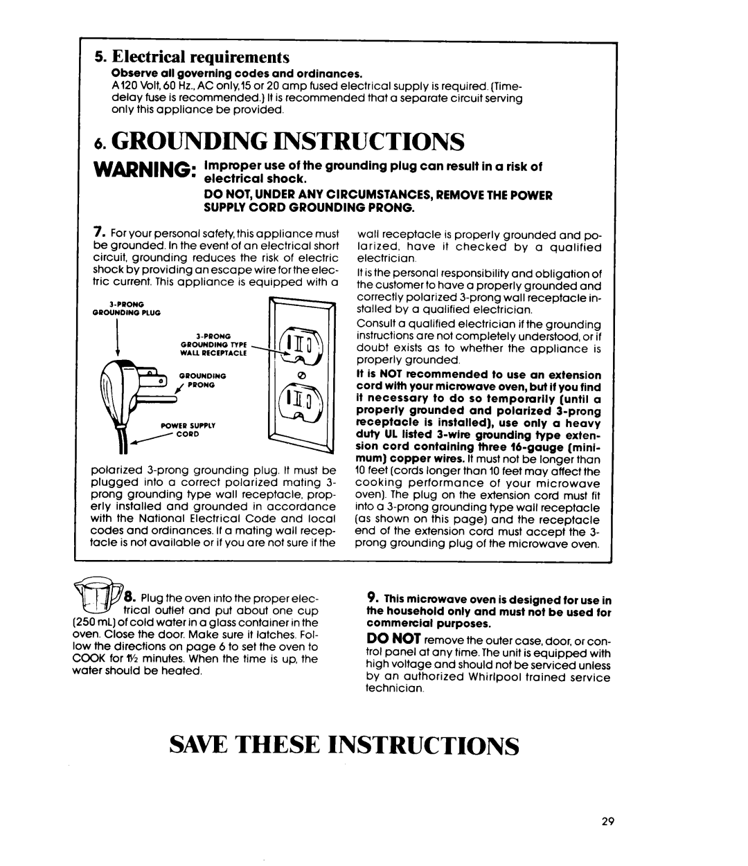 Whirlpool MW88OOXR manual Grounding Instructions, Save These Instructions, Electrical requirements 
