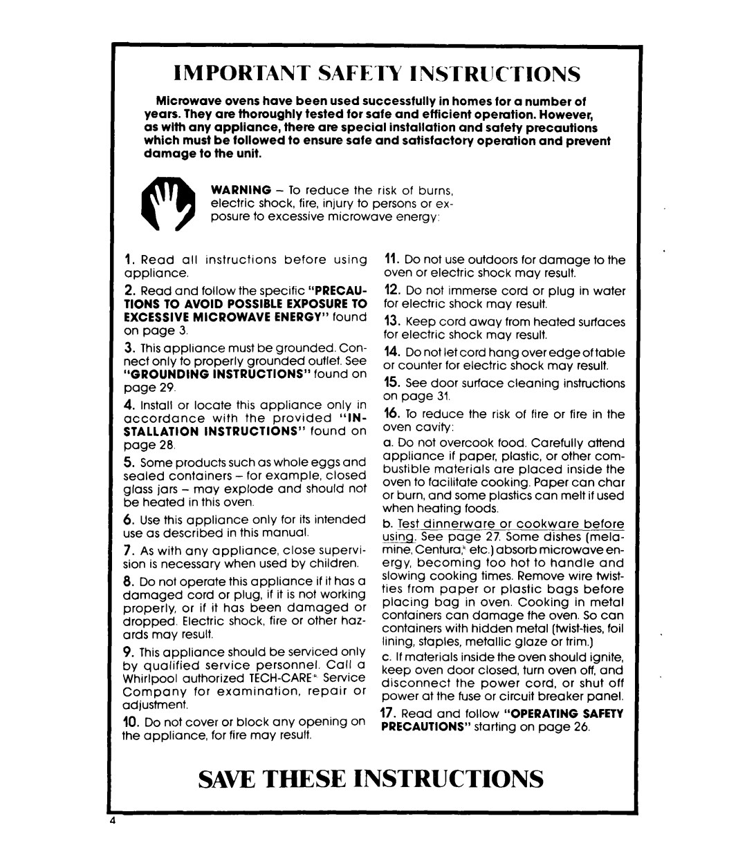 Whirlpool MW88OOXR manual Saw These Instructions, Important Safety Instructions 