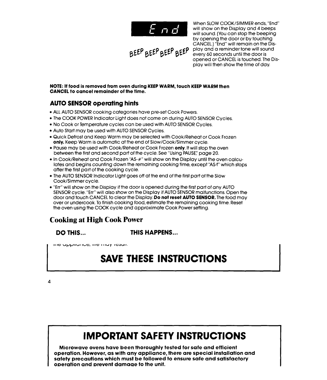 Whirlpool MW8900XS, MW8901XS manual Cooking at High Cook Power, Auto Sensor operating hints 