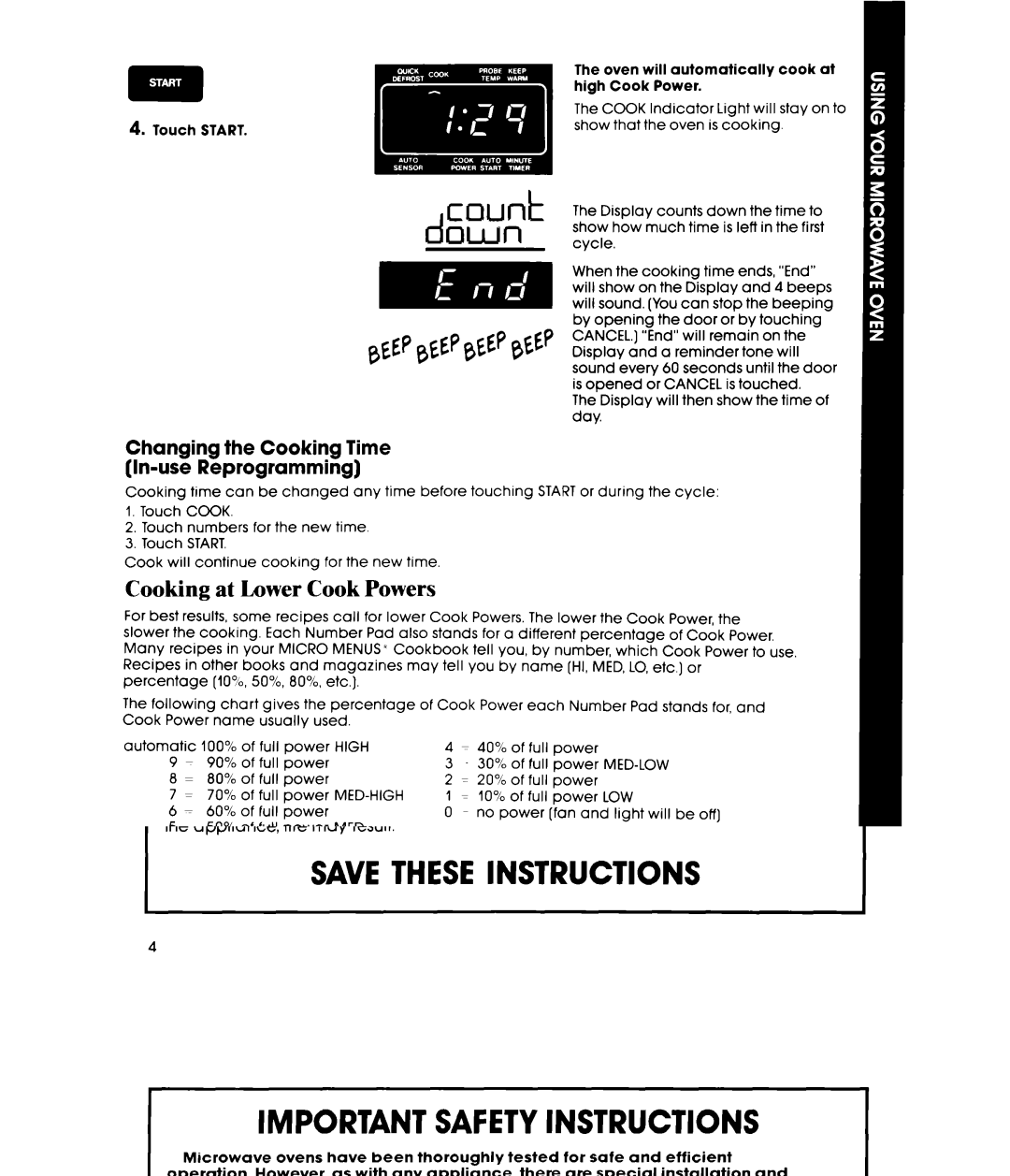 Whirlpool MW8901XS, MW8900XS manual Cooking at Lower Cook Powers, Changing the Cooking Time In-use Reprogramming 