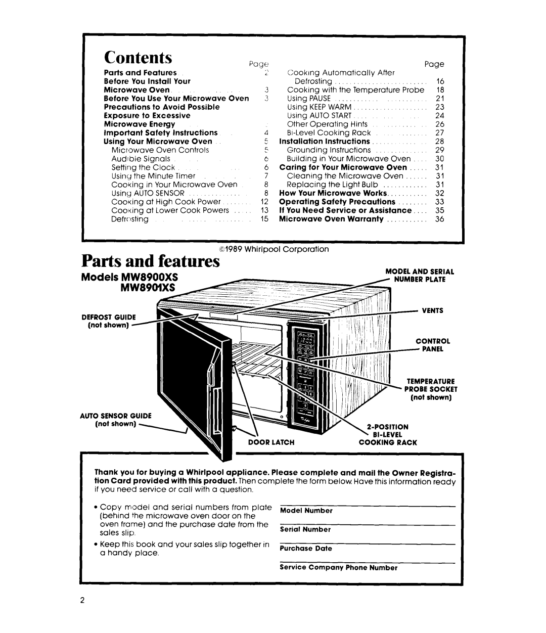 Whirlpool MW8900XS, MW8901XS manual Contents, Parts and features 