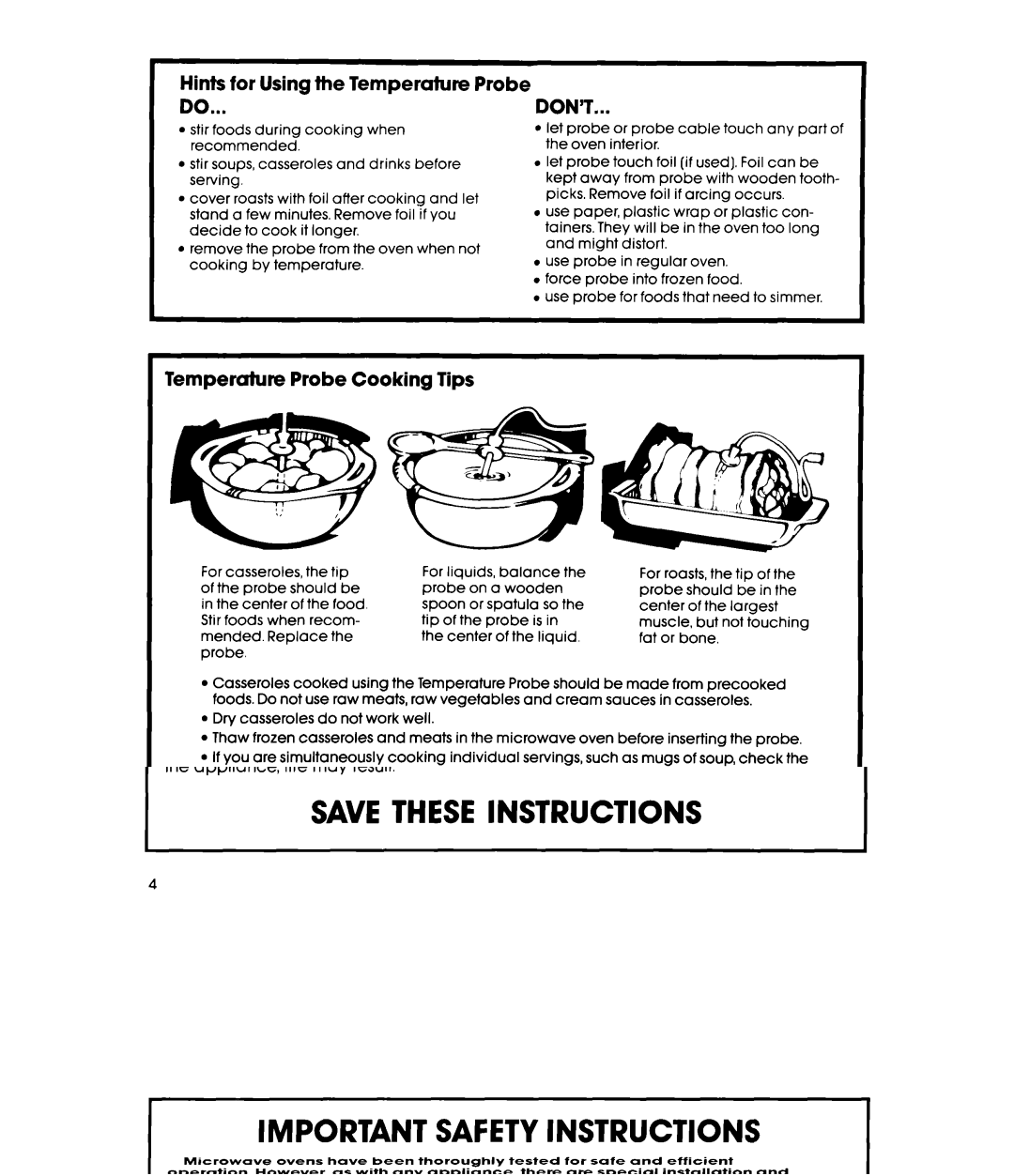 Whirlpool MW8900XS, MW8901XS manual Hints for Using the Temperature Probe, Don’T, Temperature Probe Cooking Tips 