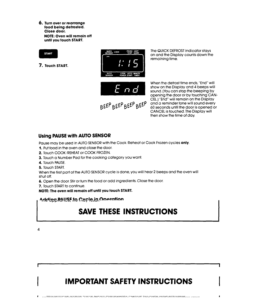 Whirlpool MW8900XS, MW8901XS manual Using Pause with Auto Sensor, Adding Pause to Cycle in Operation 