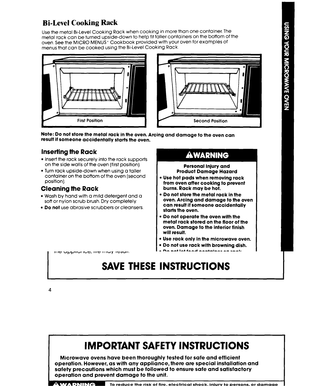 Whirlpool MW8901XS, MW8900XS manual Bi-Level Cooking Rack, Inserting the Rack, Cleaning the Rack 