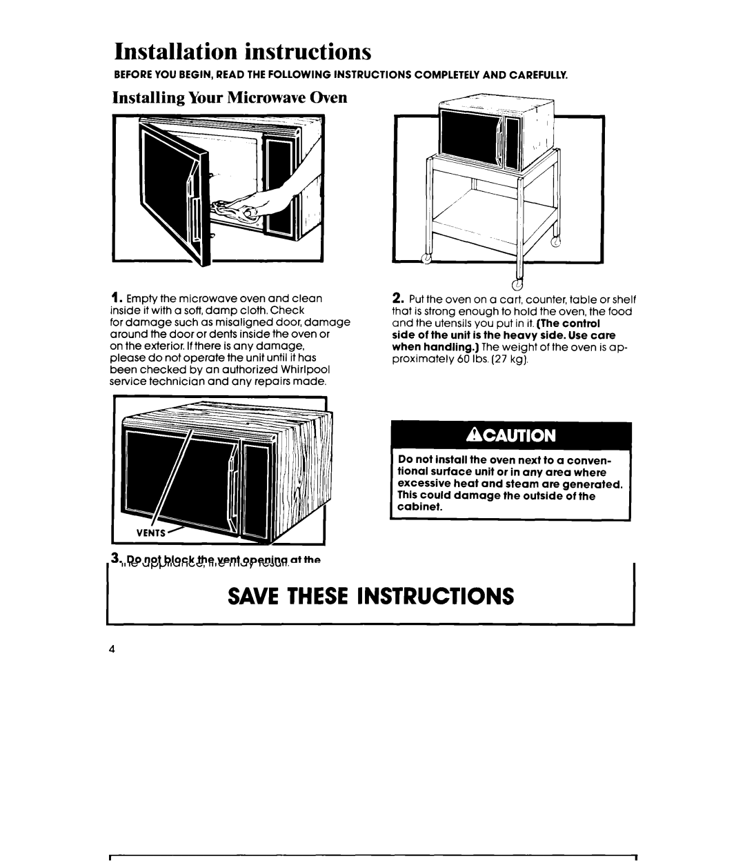 Whirlpool MW8900XS, MW8901XS manual Installation instructions, Installing Your Microwave Oven 