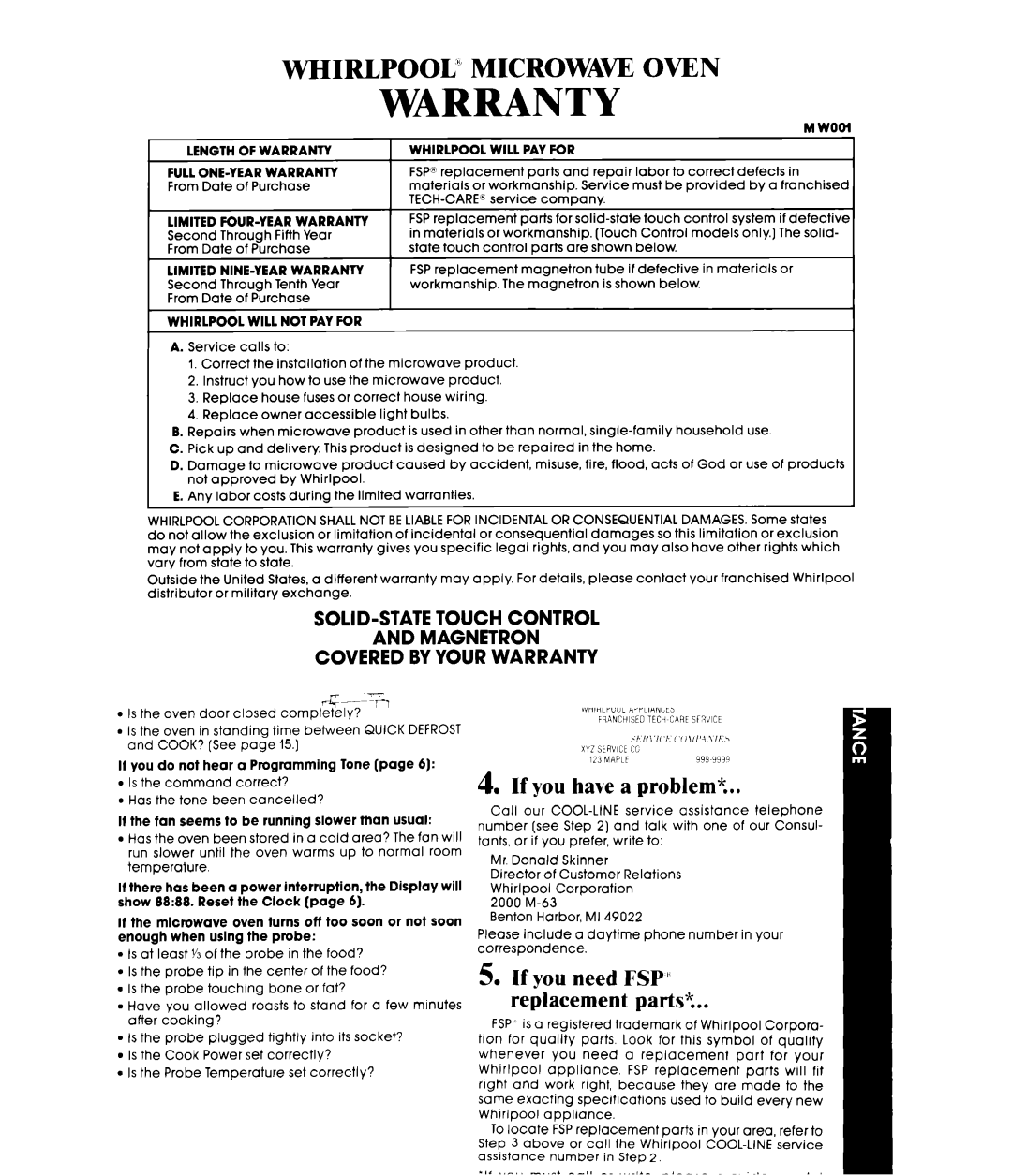 Whirlpool MW8900XS, MW8901XS manual WARRANTYMworn 