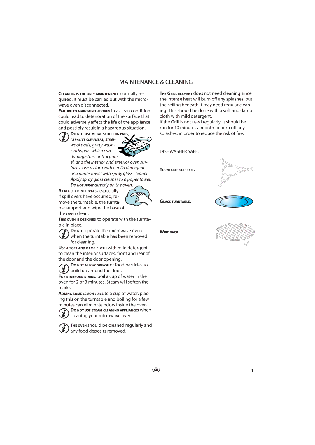 Whirlpool MWD 202 manual Maintenance & Cleaning, Oven clean, Dishwasher Safe 