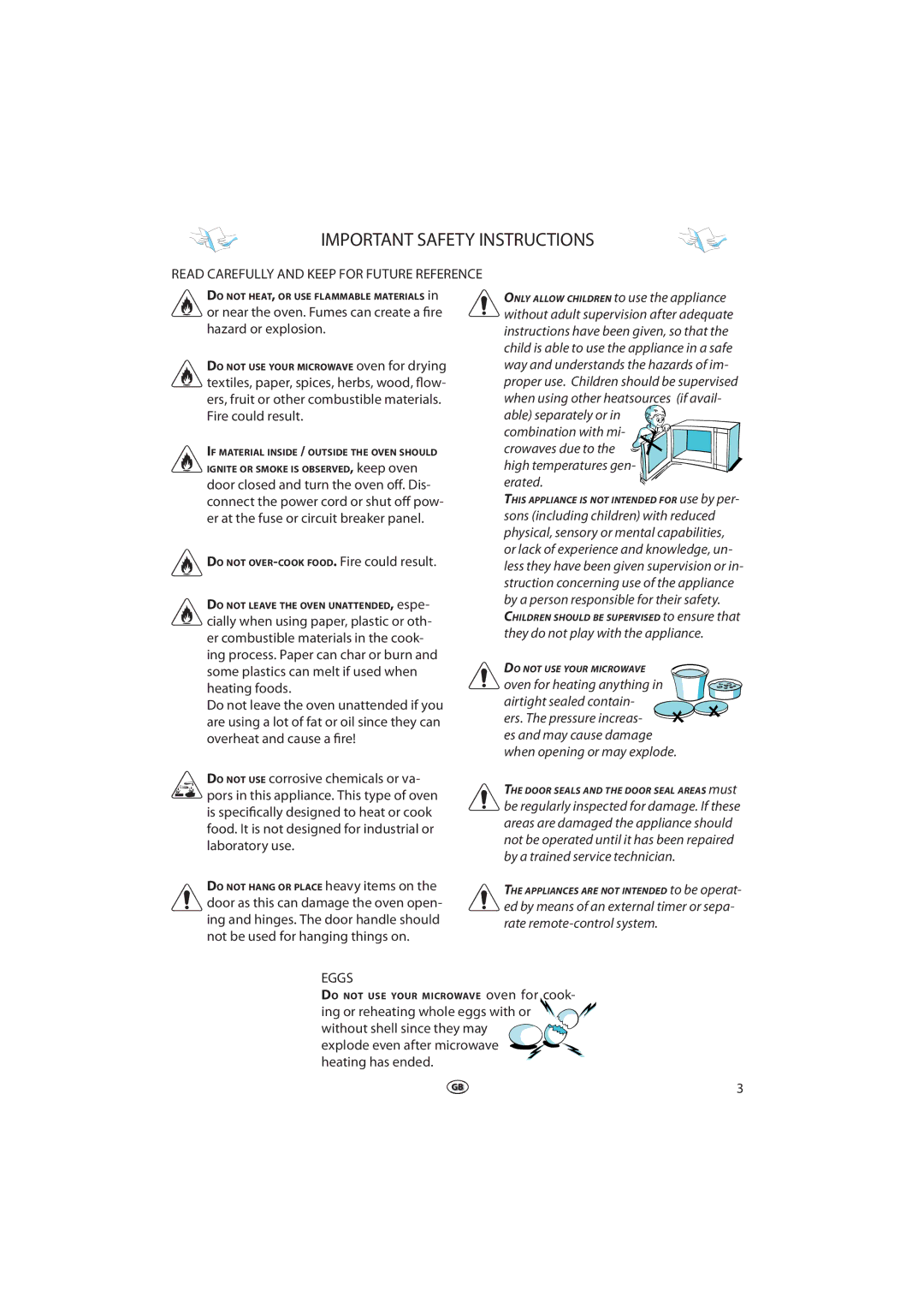 Whirlpool MWD 202 manual Important Safety Instructions, Read Carefully and Keep for Future Reference, Eggs 