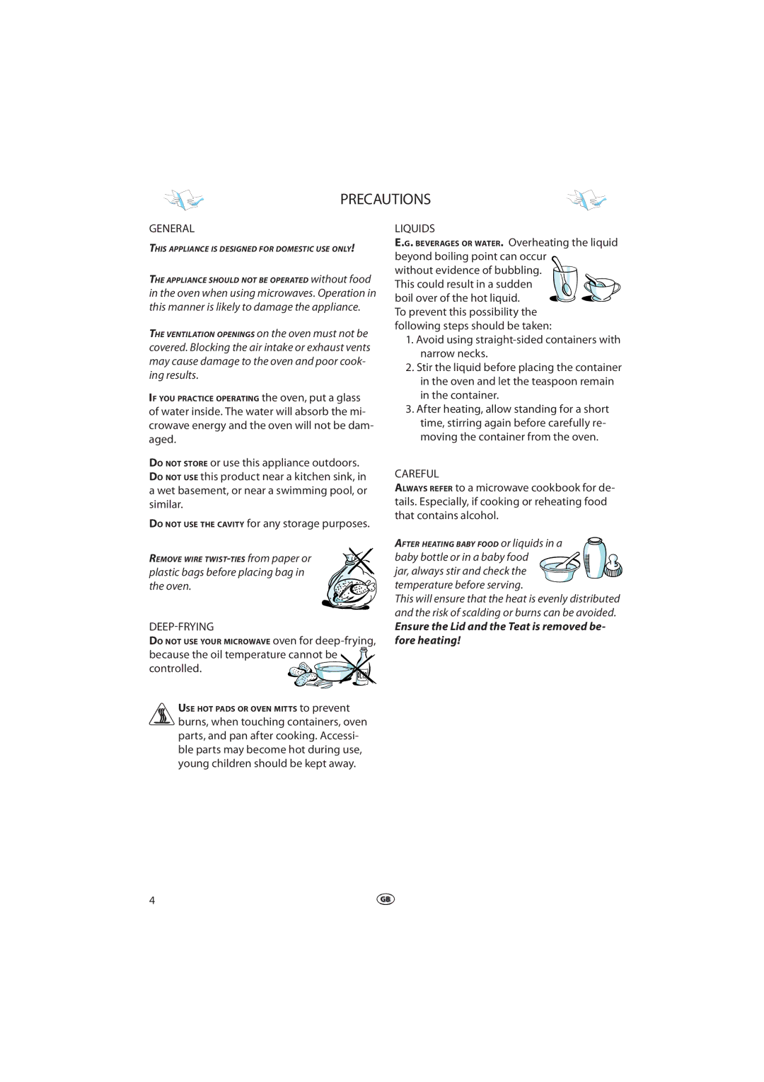 Whirlpool MWD 202 manual Precautions, General, Deep-Frying, Liquids, Careful 