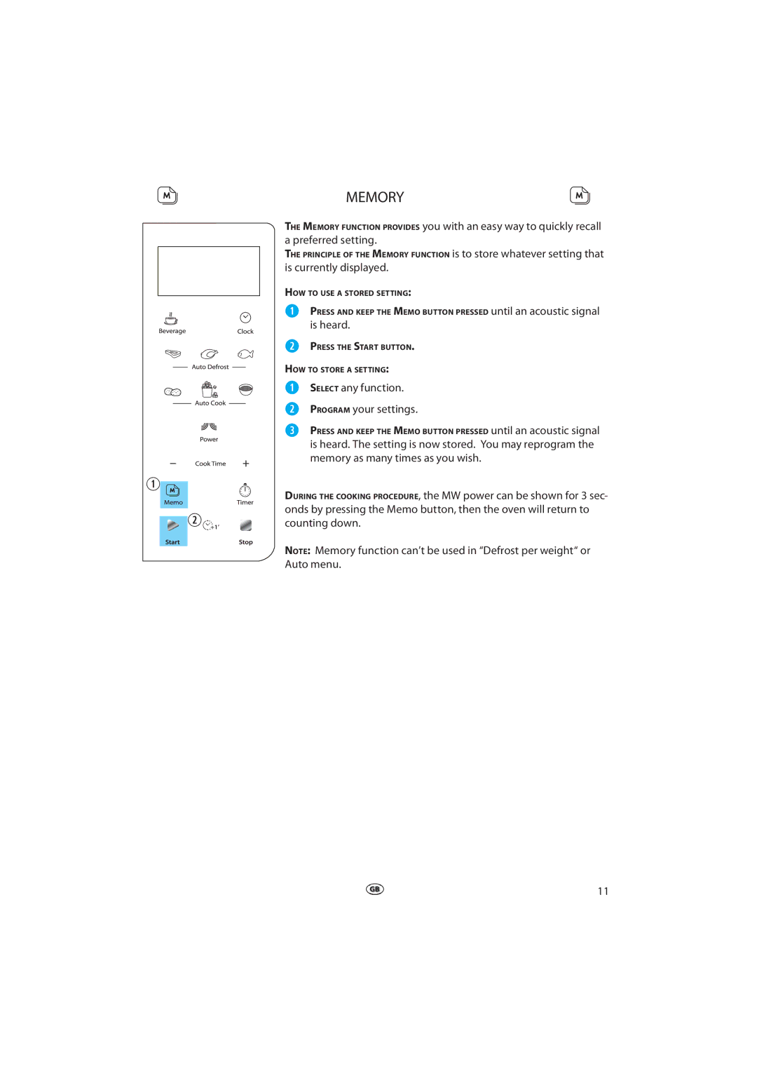 Whirlpool MWD 207 manual Memory 