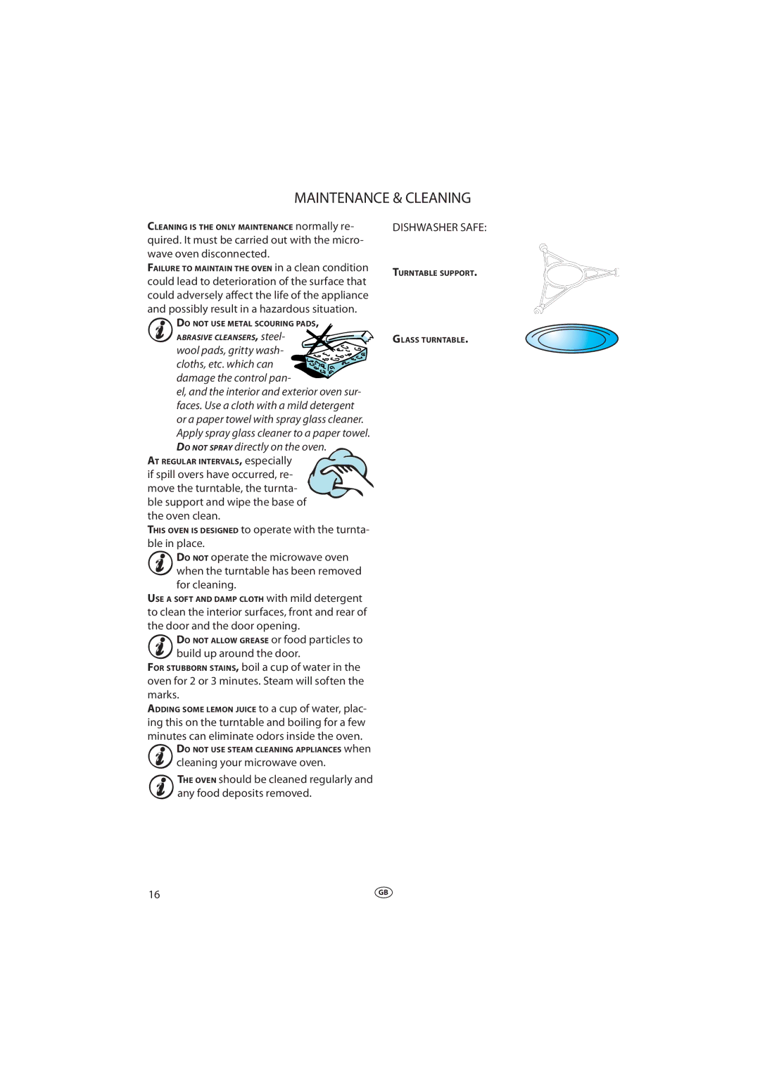 Whirlpool MWD 207 manual Maintenance & Cleaning, Oven clean, Dishwasher Safe 