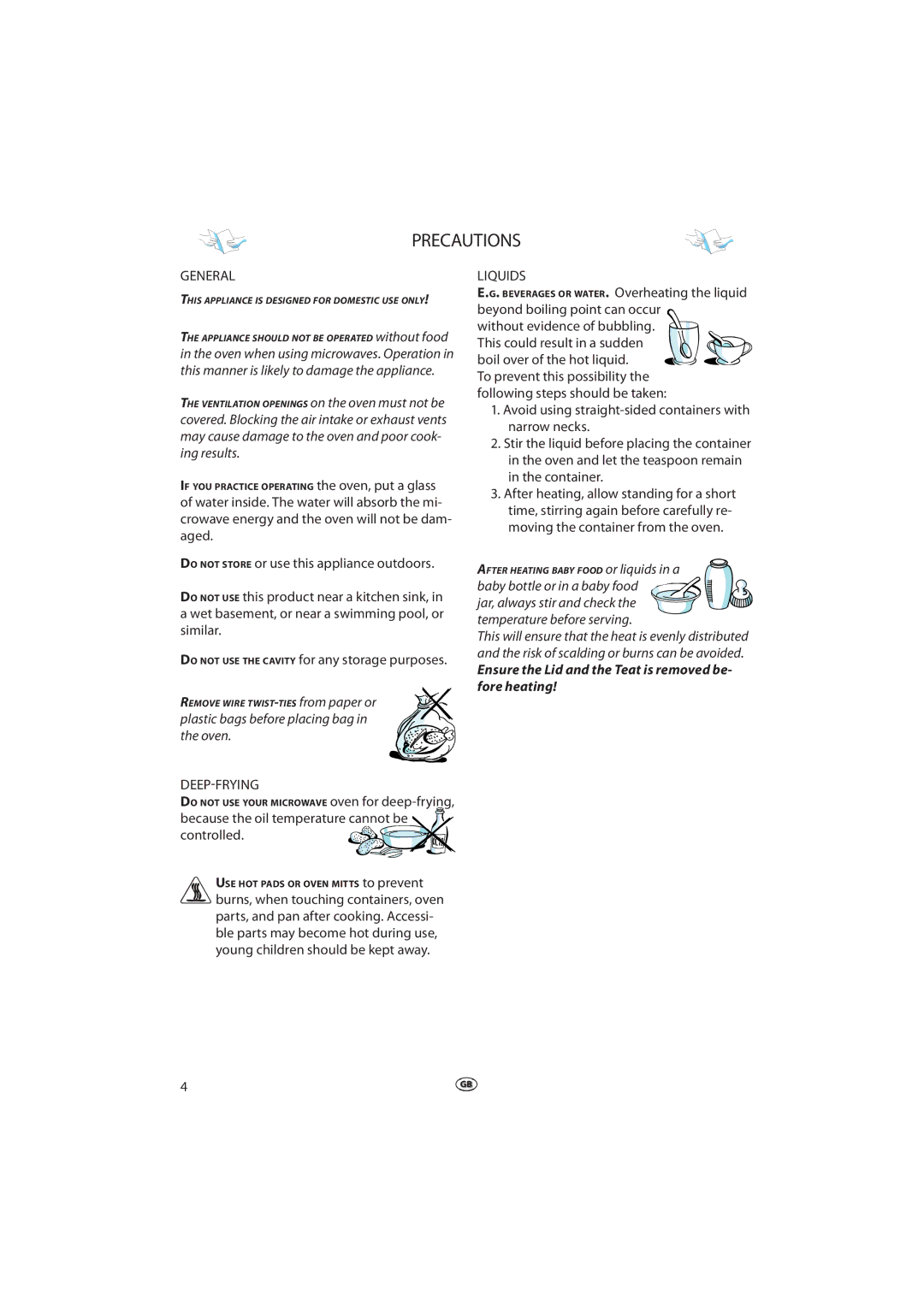 Whirlpool MWD 207 manual Precautions, General, Deep-Frying, Liquids 