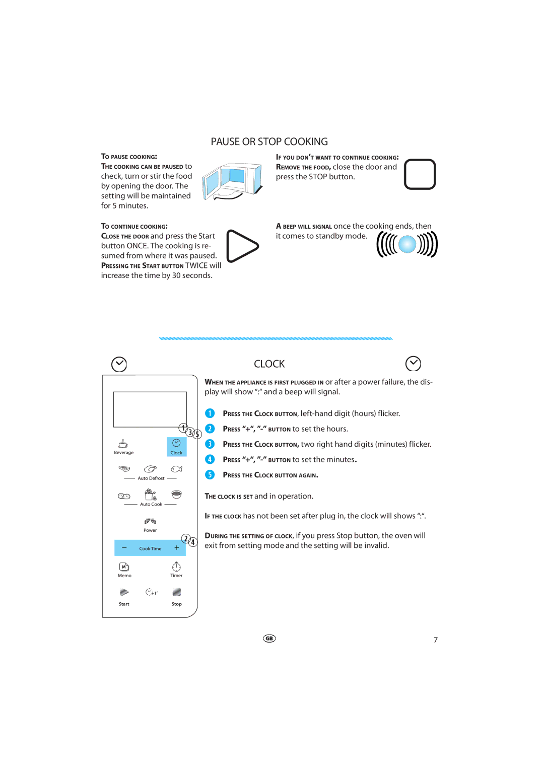 Whirlpool MWD 207 manual Pause or Stop Cooking, Clock, Remove the FOOD, close the door and press the Stop button 