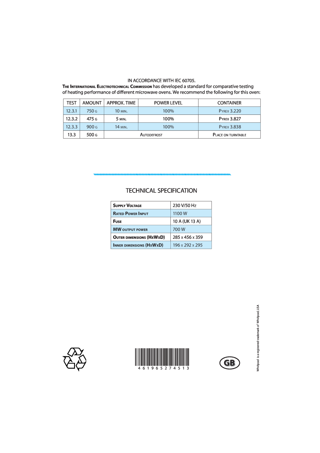 Whirlpool MWD 207 manual Technical Specification, 230 V/50 H Z, 1100 W, A UK 13 A, 700 W, 285 X 456, 196 