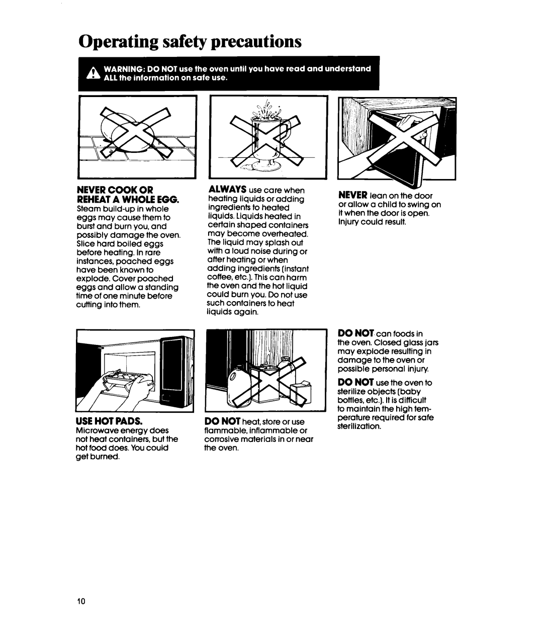 Whirlpool MWIOOOXS manual Operating safety precautions, Nevercook or Reheata Whole EGG 