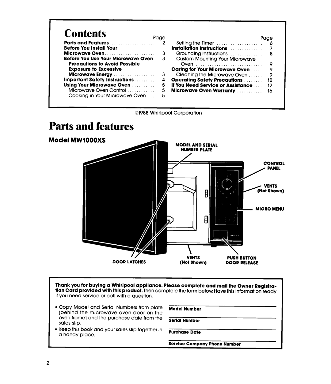 Whirlpool MWIOOOXS manual Contents, Parts and features 