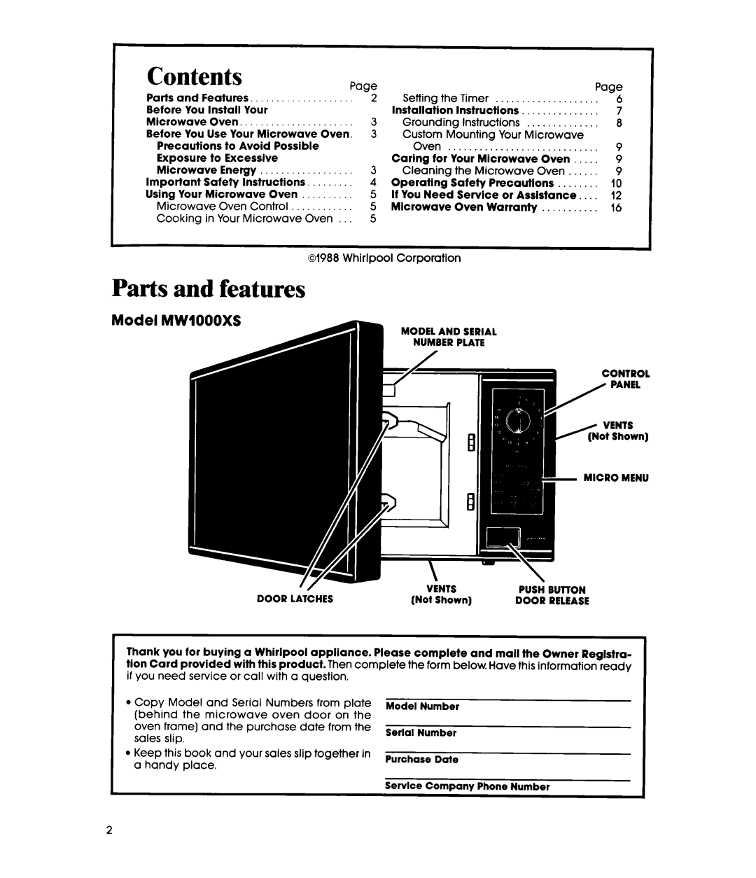 Whirlpool MWIOOOXS manual Contents, Parts and features, Mode1 