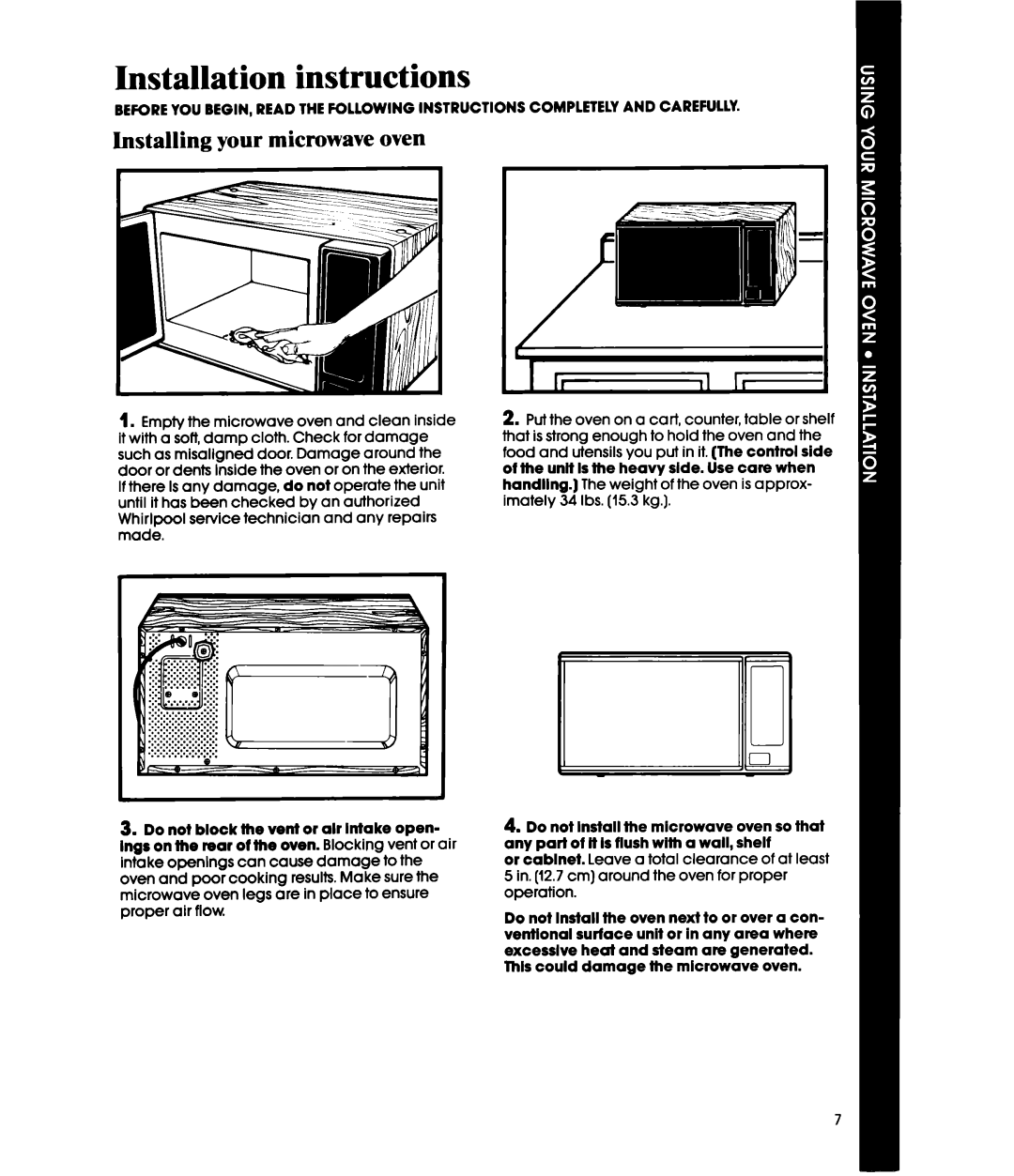 Whirlpool MWIOOOXS manual Installation instructions, Installing your microwave oven 