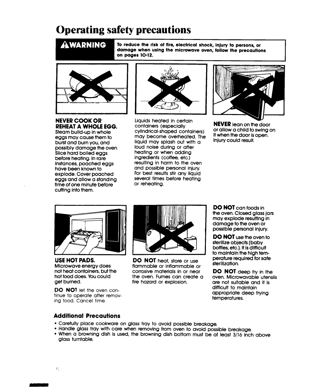 Whirlpool MWIOOOXW manual Operating safety precautions, Never Cook or Reheat a Whole EGG 