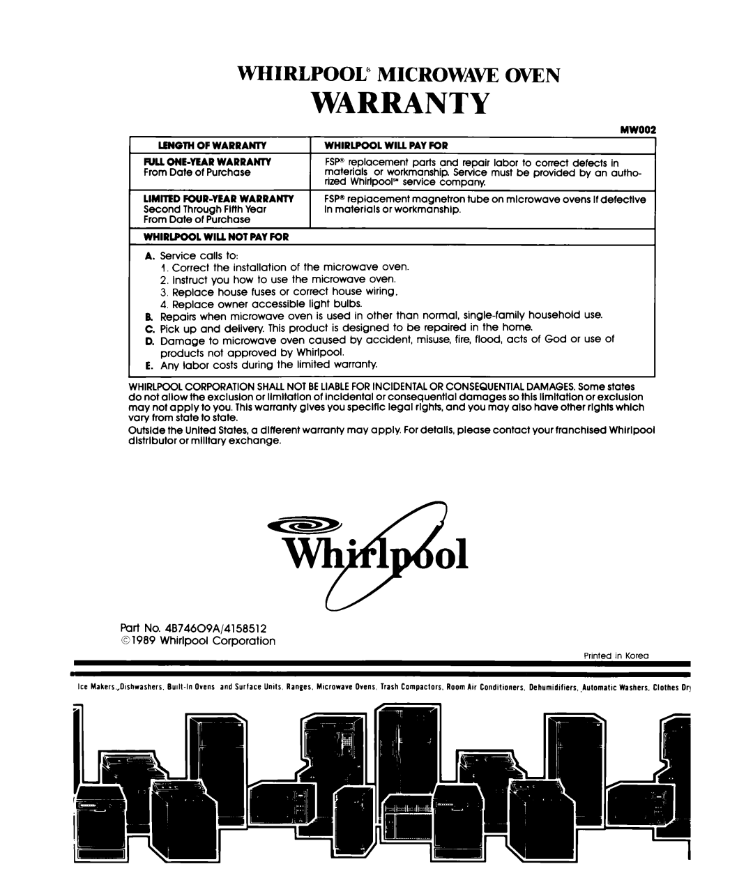 Whirlpool MWIOOOXW manual Warranty 