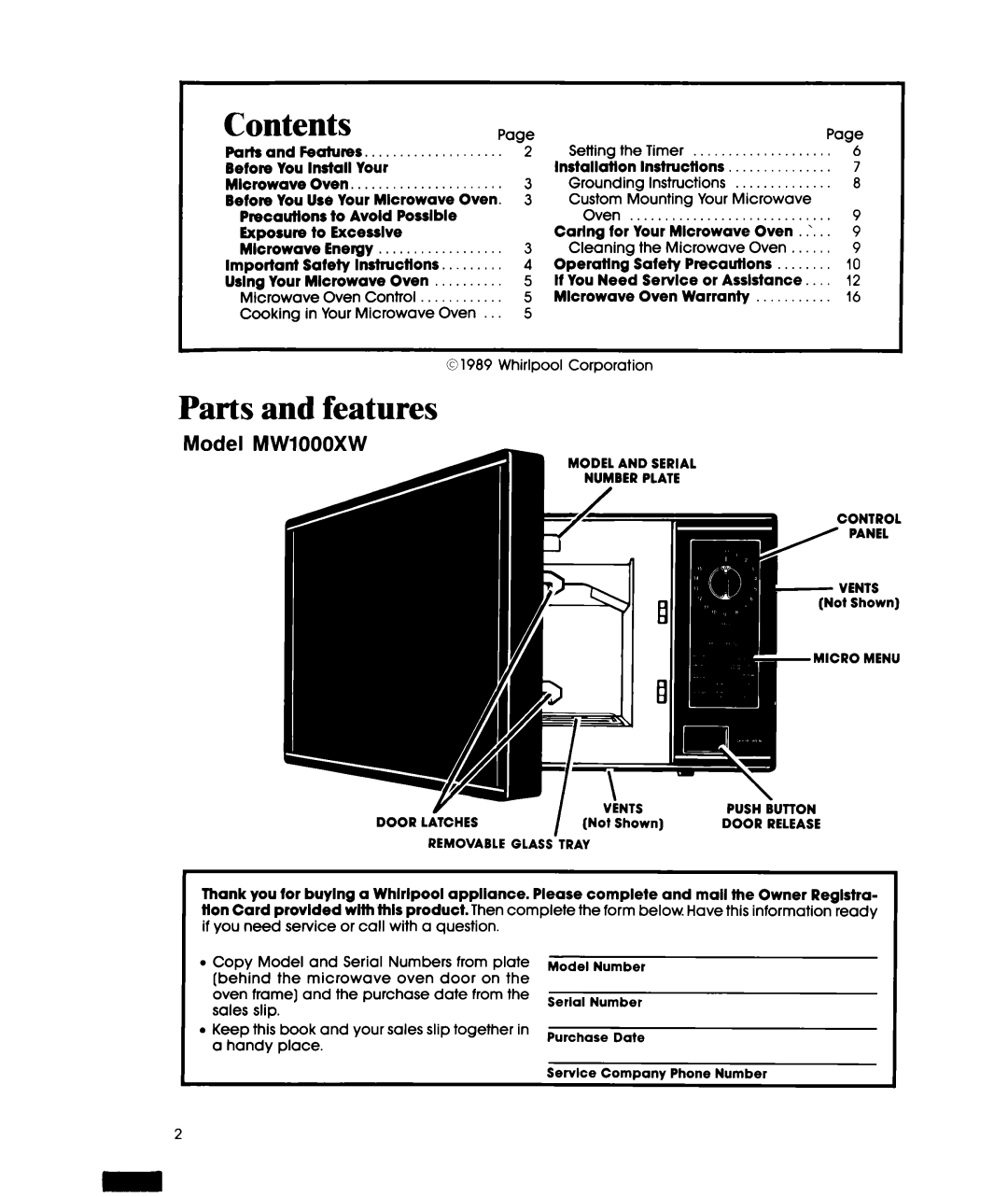 Whirlpool MWIOOOXW manual Contents, Parts and features 