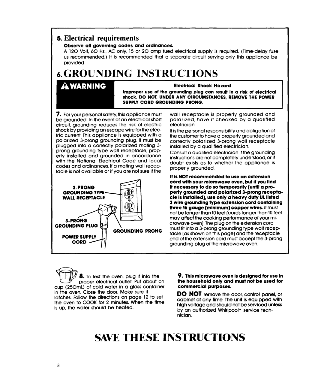 Whirlpool MWIOOOXW manual Electrical requirements, Prong Power Supply Cord 